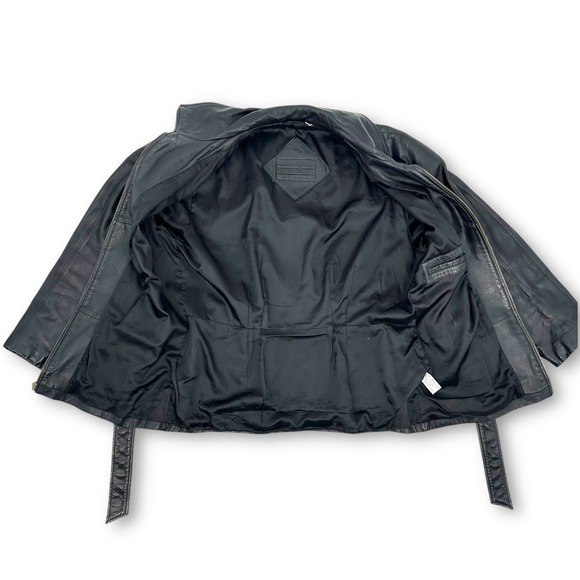 Vintage Y2K Black Leather Jacket Sz L Tie Belt Zip Funnel Neck by Preston & York - Picture 11 of 16